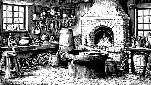 Antique engraving of a kitchen scene. Hand-drawn illustration featuring a fireplace, storage, and various kitchen tools in a vintage set vector.