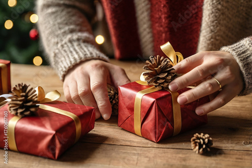 Hands Wrapping Red Christmas Gifts with Pine Cones and Gold Ribbon presents