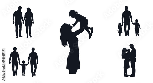 Silhouette family scenes depict loving moments and togetherness in black