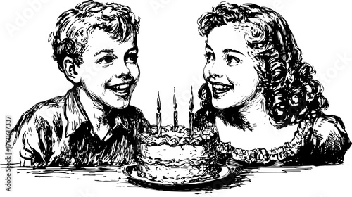 Birthday celebration with children smiling in front of a cake. Vintage vector illustration of a joyful moment featuring candles in a classic set.