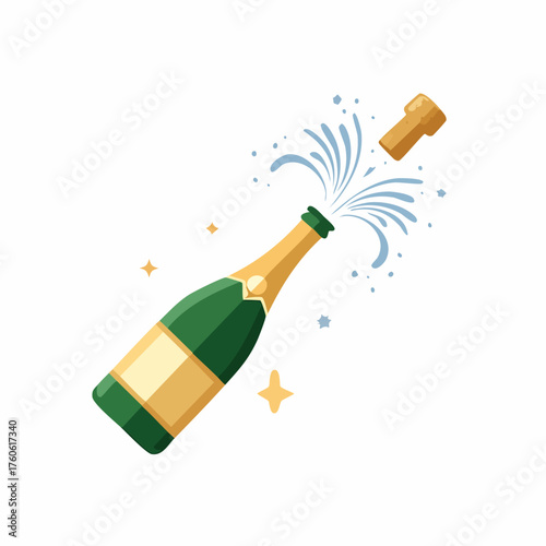 Champagne bottle popping with cork flying and splash of liquid.