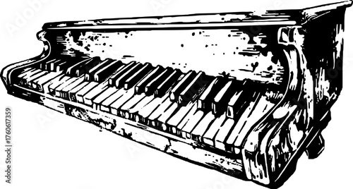 Vintage piano drawing in outline style. A detailed engraving vector illustration showcasing classic instrument features and decorative elements.