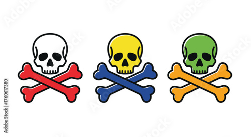 A colorful arrangement of three skulls and crossbones emblems displayed