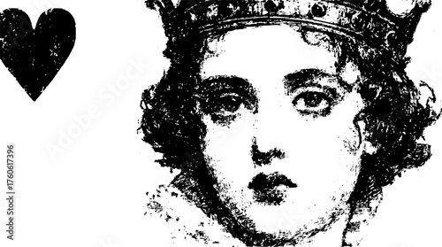 Queen portrait in black and white style with a crown and heart. Vintage illustration with classic details, featuring a simple design vector.