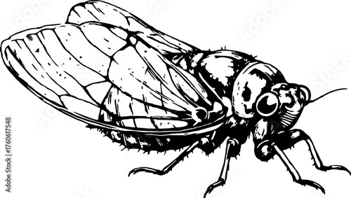 Cicada insect illustration in vintage engraving style. A detailed black and white vector illustration highlighting its features for study.