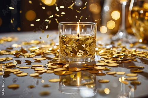 Lit Candle in Glass Jar with Golden Confetti and Sparkling Bokeh Lights burning