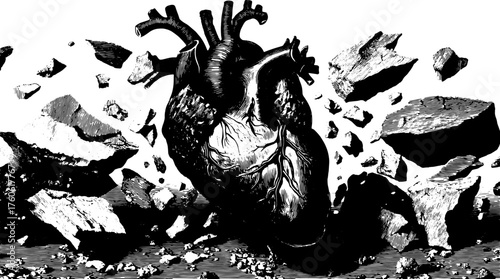 Vintage heart illustration in black and white. Realistic engraving set showcasing anatomical details in a vector style.