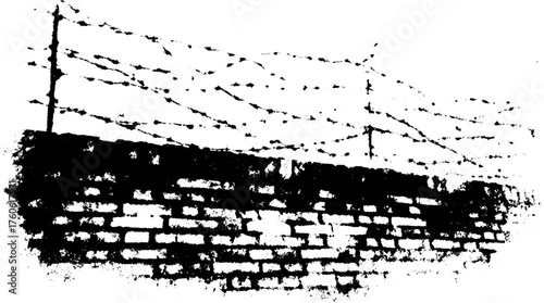 Barbed wire against a brick wall in a vintage engraving style. This black and white vector illustration presents a classic outline depiction of the scene.