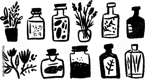 Set of black and white illustrations of bottles and plants. Simple vector illustration featuring jars and vases with herbs and flowers.