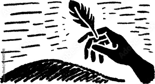 Hand holding a feather for writing. Black and white vector illustration with a simple silhouette and textured background, showcasing an artistic design.