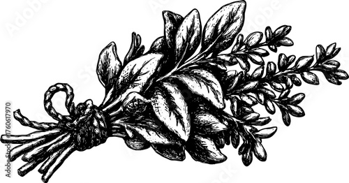 Engraving of herbs in vintage style. Detailed line drawing of a botanical set, perfect for vector illustration.