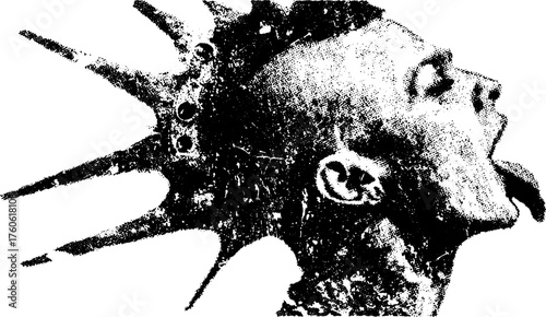 Antique engraving illustration of a face with spiked hair. Vintage black outline artwork representing punk culture in a detailed vector set.