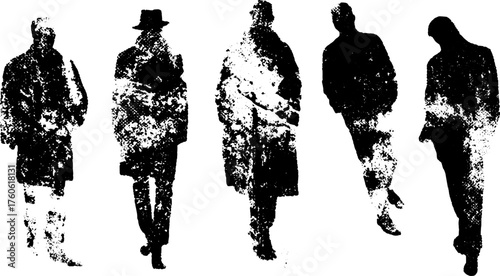 Silhouette of men in coats walking in a stylish manner. This black and white vector illustration features a grunge texture for artistic appeal.