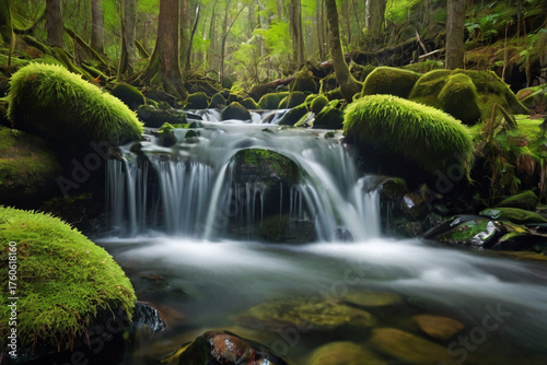 Lush green forest with moss-covered rocks and a flowing stream waterfall nature