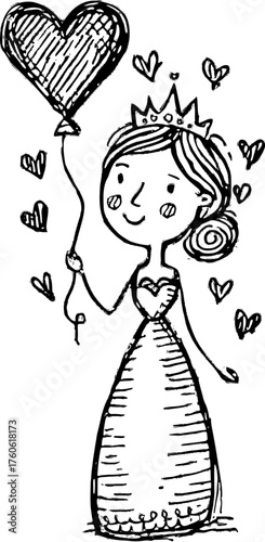 Hand-drawn princess girl holding a heart balloon. Silhouette vector illustration in black with whimsical elements.