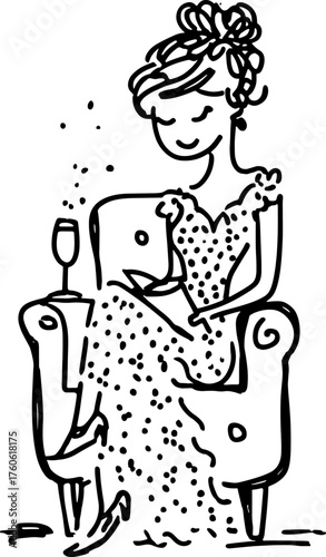 Silhouette drawing of a woman seated in a chair. Illustrating a fashionable elegant dress with a glass in hand, showcased in a simple vector style.