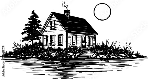 Vintage house vector illustration featuring a cottage, trees, and water, creating a serene landscape in detailed line art.