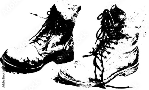 Boots silhouette in vintage engraving style. Black and white vector illustration featuring detailed craftsmanship in a set format.