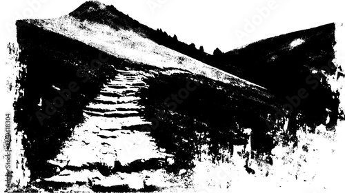 Engraving of a rustic path leading up a mountain. This vector illustration features a hand-drawn outline with vintage style, perfect for a scenic set.