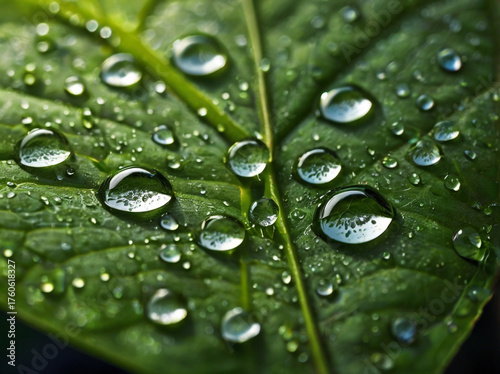 Macro Close-up of Water Droplets on a Vibrant Green Leaf Surface rain