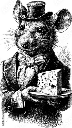 Mouse character in a vintage engraving style. Dapper animal illustration featuring a top hat and cheese on a platter, vector illustration.