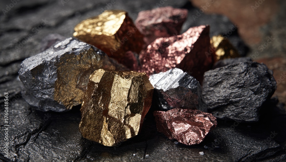 Fototapeta premium Cluster of diverse metallic ores on dark stone