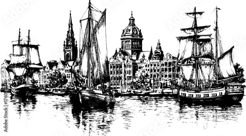 Vintage engraving of sailing ships in a port view. Detailed vector illustration of maritime history and coastal buildings by the water.