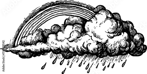 Vintage cloud with a rainbow in an outline style. Engraving vector illustration showcasing weather and nature elements.