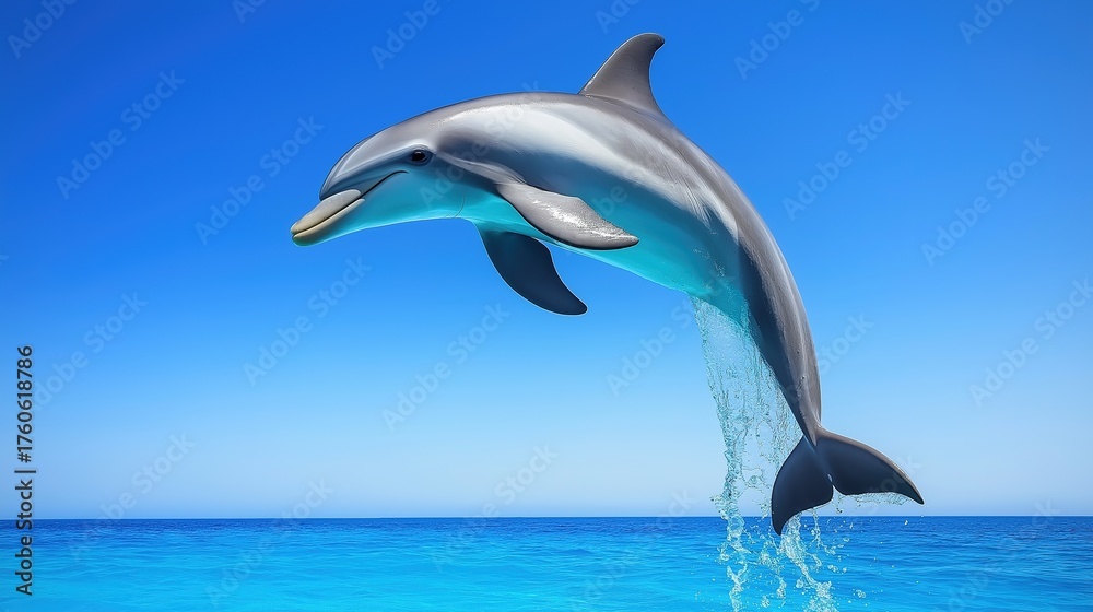 Obraz premium cetacean. Dolphin leaping from turquoise ocean waters, dynamic marine life in motion. wildlife magazines, conservation campaigns, designed for nature documentaries and education.