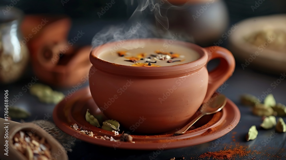 Fototapeta premium A steaming cup of chai in a terracotta cup with spices and a spoon on a dark surface close up view