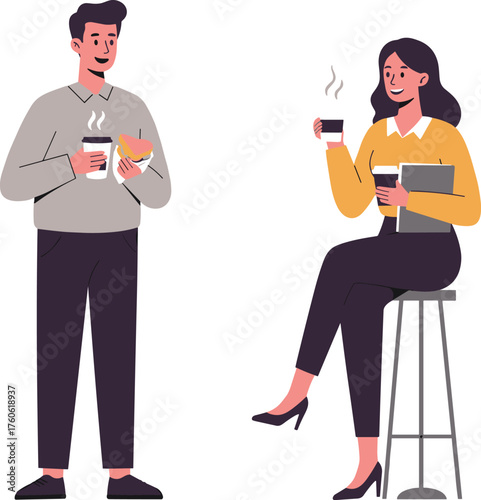 Casual coffee break, workplace snack, friendly interaction, hot beverage, office moment, relaxed setting, social communication, smiling coworkers, informal meeting, sandwich time