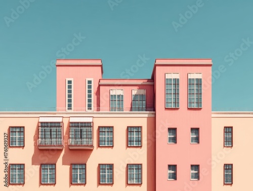 Architectural pastel building minimalist design vibrant colors flat roof geometric shapes clear sky modern structure serene urban landscape