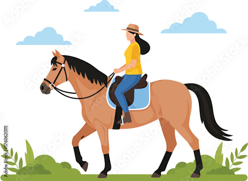 Woman Riding Horse in Nature Landscape – Flat Vector Illustration