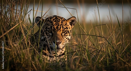 A jaguar peeks through tall grasses, its spotted coat blending with the natural environment.