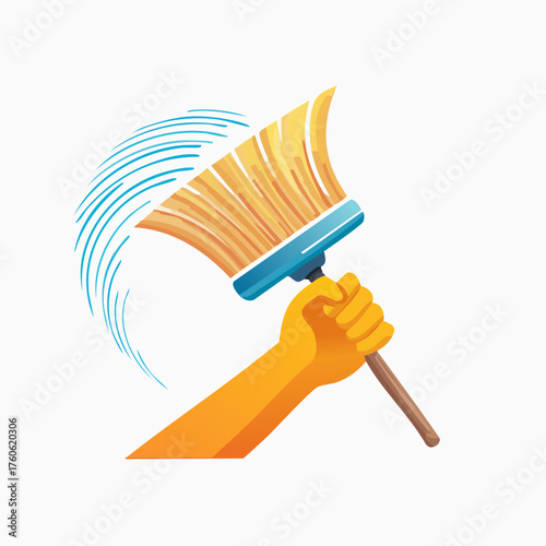 Hand in a yellow glove cleaning a surface with a wide brush.