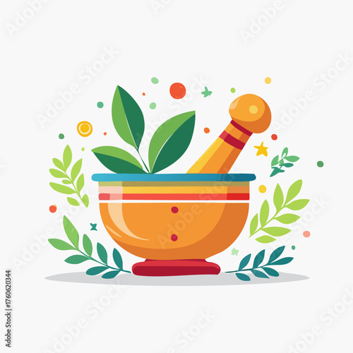 Herbal medicine preparation with mortar and pestle illustration.
