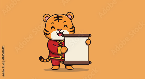 A cute cartoon tiger wearing a traditional red Chinese outfit holds a blank scroll, ready for text or design.