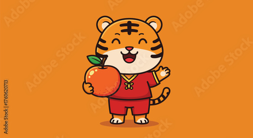 A cheerful cartoon tiger wearing red clothes, holding a large orange fruit, smiling widely.