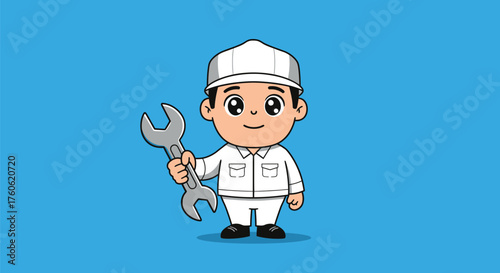 Cartoon mechanic holding a wrench on a blue background.