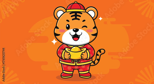 Cute Cartoon Tiger Wearing Traditional Chinese Outfit Holding Gold Ingot