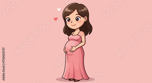 Cute cartoon illustration of a smiling pregnant woman in a pink dress holding her baby bump.