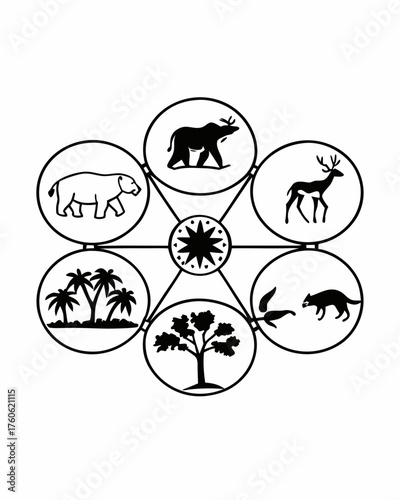 Animal Life in Silhouette: From Arctic to Tropics.Wild and domestic animals and birds living in various climatic zones big black silhouette set isolated on white background vector illustration
