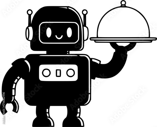 black robot waiter carrying covered dish with dome lid