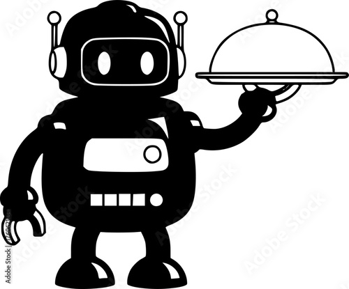 black robot waiter carrying covered dish with dome lid