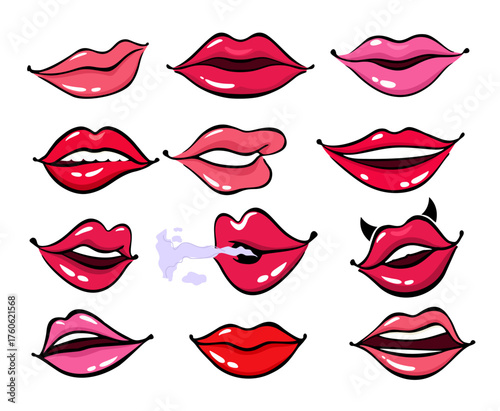 Comic female lips. Female lips in cartoon style, smile and sensual lips, kiss. Mouth animation set. comic illustration in pop art retro style