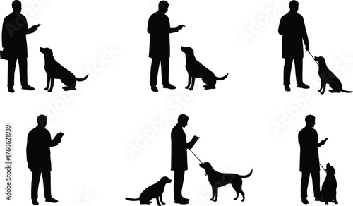 Dog training silhouette, human and pet, pointing gesture, leash holding, feeding moment, clipboard reading, minimal style, obedience, interaction, posture
