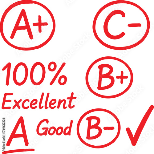 hand drawn red school grade marks and teacher feedback doodle set