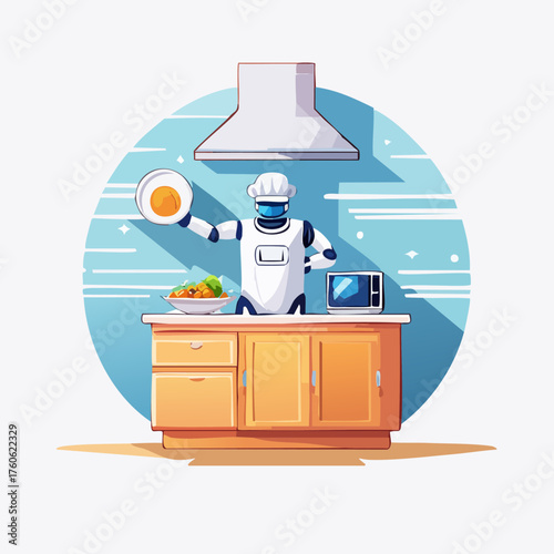 Robot Chef Preparing Food in a Modern Kitchen Environment.