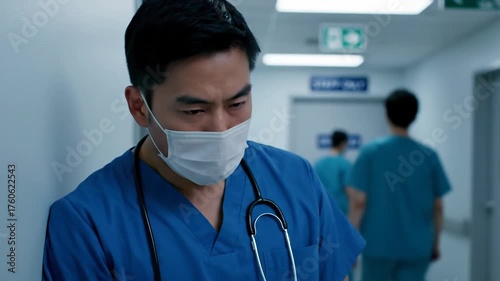Stressed doctor in hospital corridor