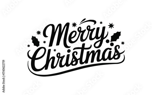 Festive Merry Christmas lettering design with holly leaves, perfect for holiday promotions, greeting cards, and seasonal marketing materials